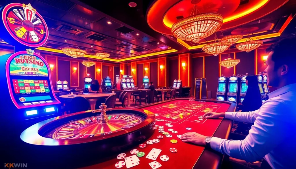 Engaging scene at Nhà Cái KKWIN featuring excited players at colorful casino tables and slot machines.