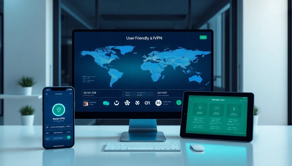 快连下载 VPN app showcased on multiple devices in a modern workspace.