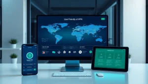 快连下载 VPN app showcased on multiple devices in a modern workspace.