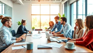 Engaged team collaborating on Business strategies in a professional workspace.