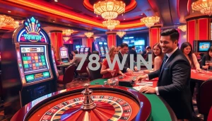 Experience the excitement of 78WIN’s casino gaming scene with players engaging at roulette and slot machines.