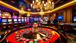 Experience the excitement of winning at 789win.com with a vibrant casino scene featuring roulette and poker tables.