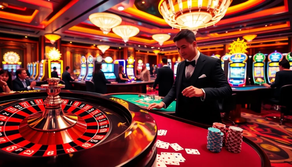 VAOBET casino scene showcasing exciting roulette and poker gameplay with vibrant chips and cards.