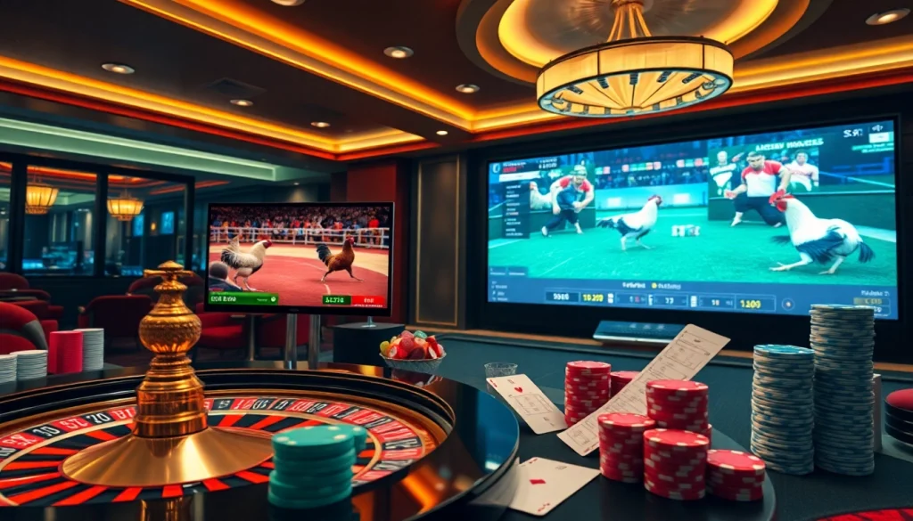Place your bets on SV388 cockfighting through this exciting casino scene.
