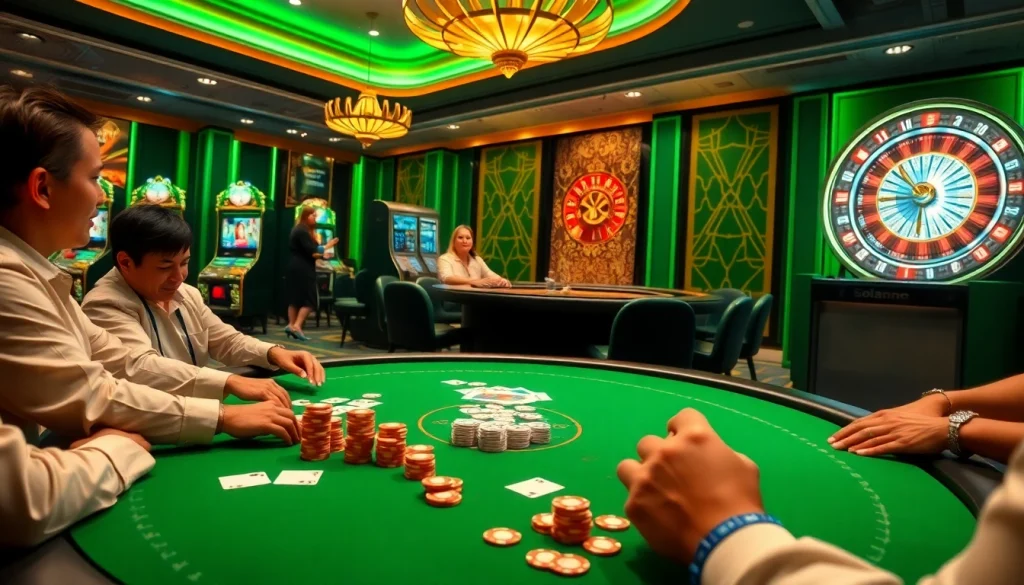 Players enjoying exciting games at Nhà cái DOLA789, showcasing vibrant casino elements.