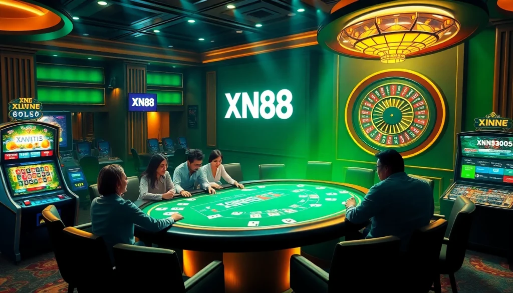 Engaging scene depicting the XN88 gaming experience with players at a poker table and vibrant slot machines.