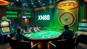 Engaging scene depicting the XN88 gaming experience with players at a poker table and vibrant slot machines.