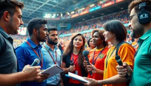 Cover sports journalism excitement at https://thesportstribune.in with vibrant reporters and cheering fans.