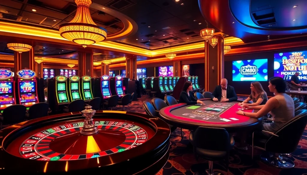 Players celebrating their wins at CM88’s luxurious casino tables with vibrant lights.