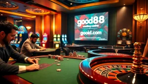Dynamic casino scene with poker tables and good88 com displayed prominently for an engaging gambling experience.