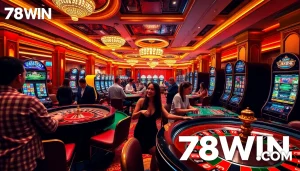 Experience thrilling gaming moments at 78WIN.COM casino with lively players and vibrant slot machines.