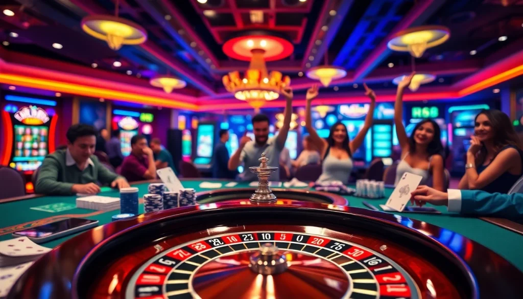 Players enjoying a thrilling game at RR88 casino, with vibrant lights and poker chips.