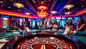 Players enjoying a thrilling game at RR88 casino, with vibrant lights and poker chips.