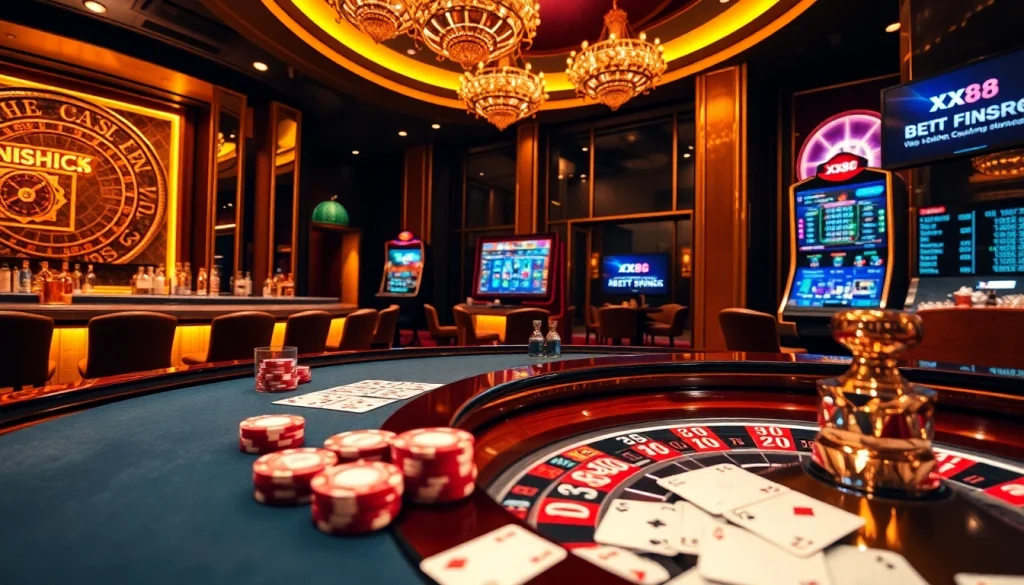 Experience thrilling betting action at https://xx88.promo/ with a luxurious casino atmosphere featuring roulette and slot machines.