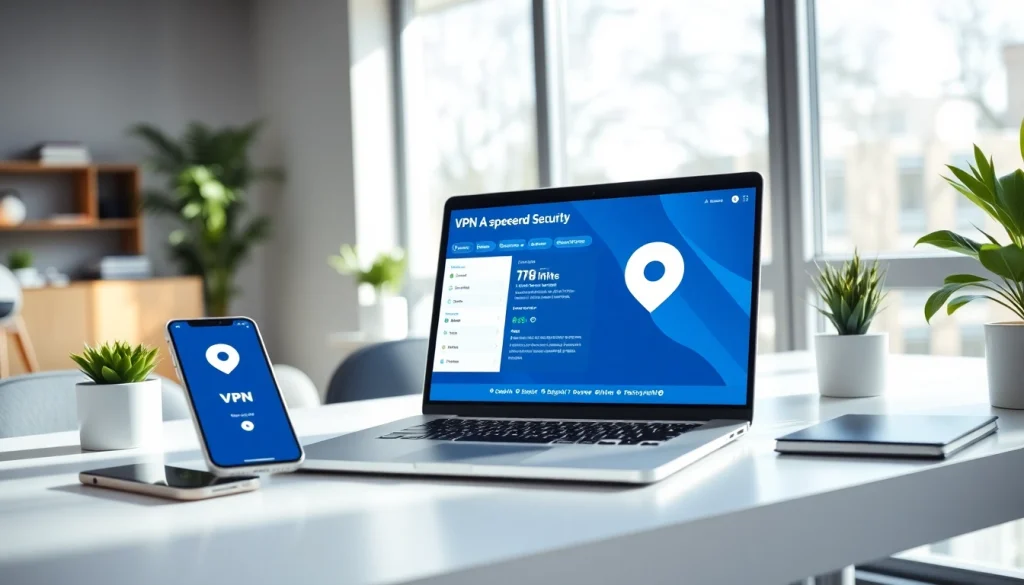 快连vpn下载 application interface on a laptop in a modern workspace.