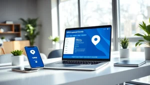 快连vpn下载 application interface on a laptop in a modern workspace.