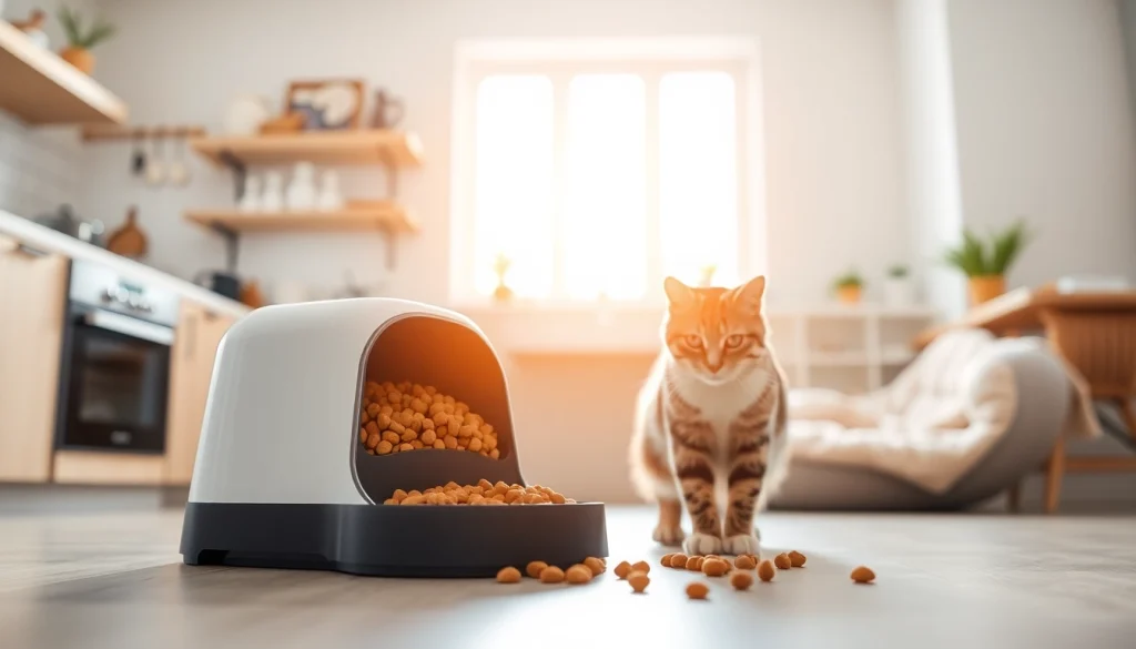 Cat interacting with an automatic cat feeder in a cozy kitchen setting.