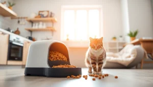 Cat interacting with an automatic cat feeder in a cozy kitchen setting.
