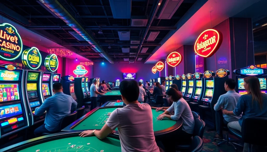 Bolagacor online casino scene with diverse players enjoying vibrant digital games.