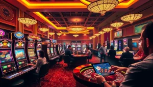 Win79 players enjoying thrilling poker and slot experiences in a luxurious casino atmosphere