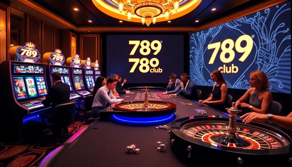 Experience the excitement of 789 club with vibrant slot machines and an elegant casino table.