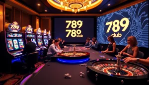 Experience the excitement of 789 club with vibrant slot machines and an elegant casino table.