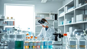 Analyzing peptide research chemicals in a professional laboratory setting with advanced equipment.