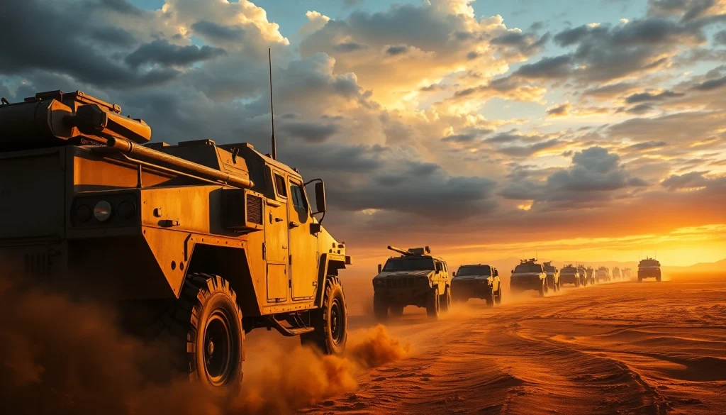 c military vehicles in formation across a desert landscape showcasing strength and readiness.