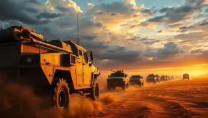 c military vehicles in formation across a desert landscape showcasing strength and readiness.