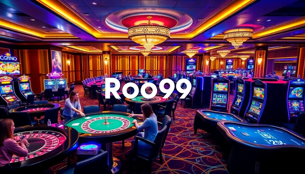 Players enjoying thrilling games at Roo99 Casino with vibrant tables and slot machines.