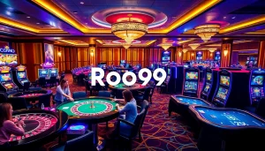 Players enjoying thrilling games at Roo99 Casino with vibrant tables and slot machines.