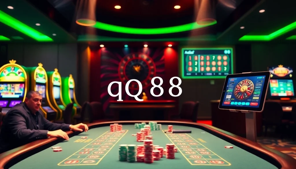 Exciting casino scene with players enjoying blackjack at a qq88 table, chips scattered around.