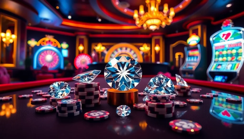 Showcasing 培育鑽石 in a thrilling casino setting, surrounded by poker chips and cards.