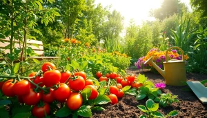 Gardening scene showcasing vibrant plants and vegetables in a bright, inviting garden.