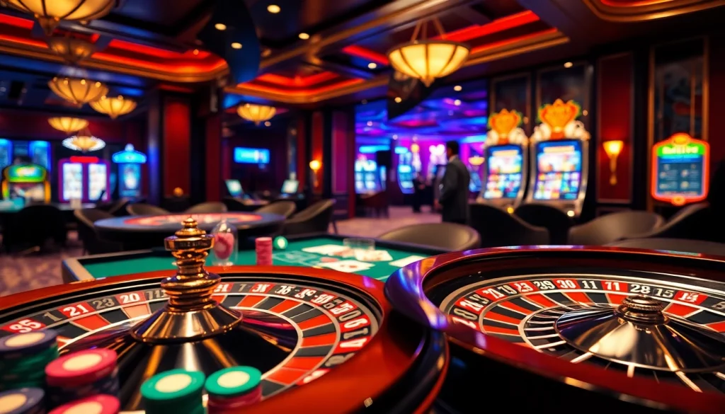 Pulsating casino atmosphere at https://topxx88.com/, featuring roulette and poker action.