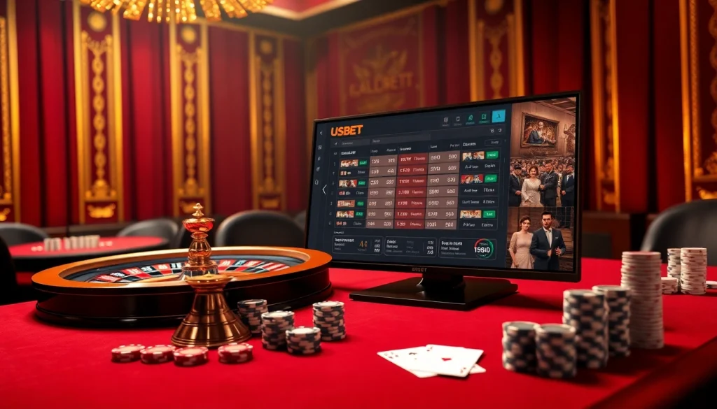 Exciting USBET online casino scene with roulette wheel and poker chips.