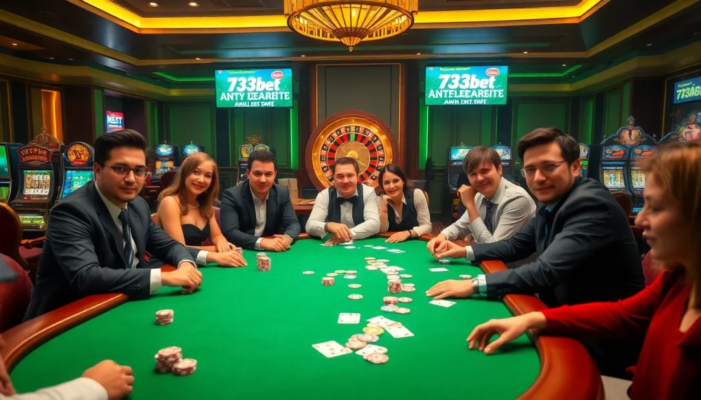 Play exciting table games at 733bet, featuring vibrant poker chips and cards in a luxurious casino setting.