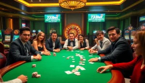 Play exciting table games at 733bet, featuring vibrant poker chips and cards in a luxurious casino setting.