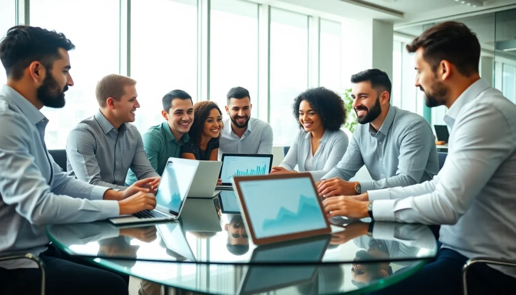Agency team brainstorming in an energetic workspace, showcasing collaboration and creativity.