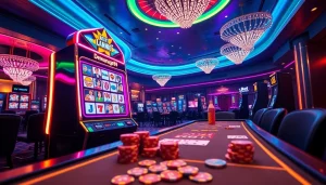 Rasakan sensasi login slot Dewanaga89 dengan adegan kasino yang elegan yang menampilkan mesin slot yang berwarna-warni dan meja taruhan tinggi.