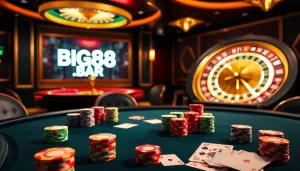 High-stakes poker action at the luxurious BIG88.BAR casino, showcasing vibrant chips and cards.