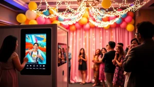 Rent a Photo Booth showcasing a modern booth at a lively event with colorful decor and joyful guests.