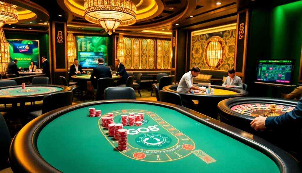 Players enjoying an exciting Go8 poker game in a luxurious casino setting, with vibrant chips and a roulette wheel.