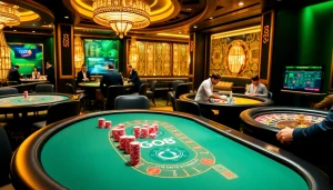 Players enjoying an exciting Go8 poker game in a luxurious casino setting, with vibrant chips and a roulette wheel.