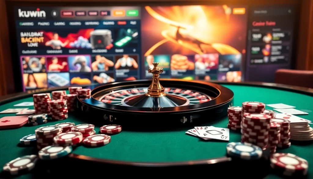 Kuwin.com offers an exciting casino experience showcasing luxury poker chips and vibrant gaming tables.