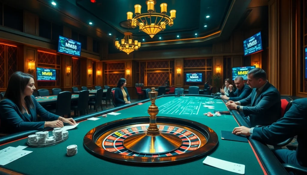 Players enjoying a thrilling game at NHÀ CÁI MM88's luxurious casino tables, with dynamic action and excitement.