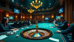 Players enjoying a thrilling game at NHÀ CÁI MM88's luxurious casino tables, with dynamic action and excitement.