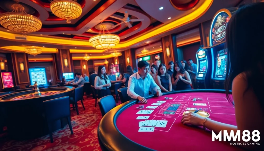 Players enjoying a game at an MM88 casino table, highlighting excitement and high stakes.