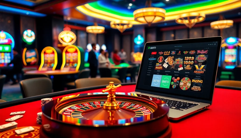 A dynamic casino experience showcasing the trang chủ 888TO with a poker table, roulette wheel, and vibrant slot machines for thrilling bets.