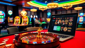 A dynamic casino experience showcasing the trang chủ 888TO with a poker table, roulette wheel, and vibrant slot machines for thrilling bets.